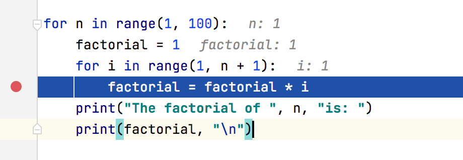 Variable values are displayed at the lines where they are used