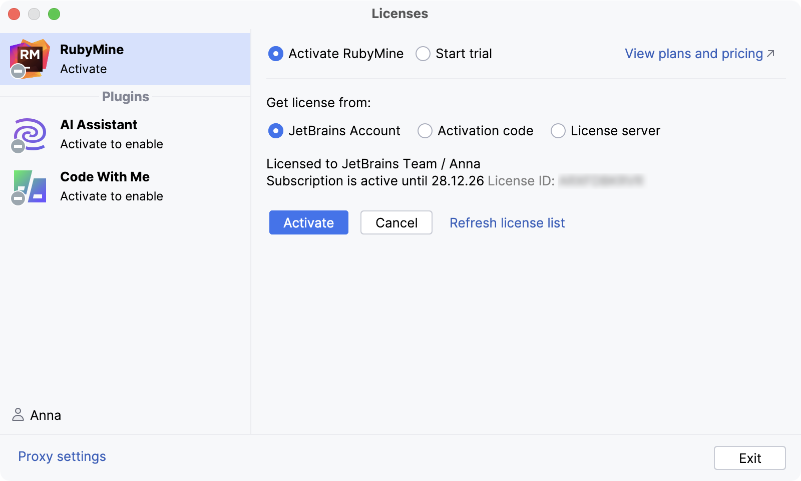 Activate RubyMine license with a JB Account Activate RubyMine license with a JB Account