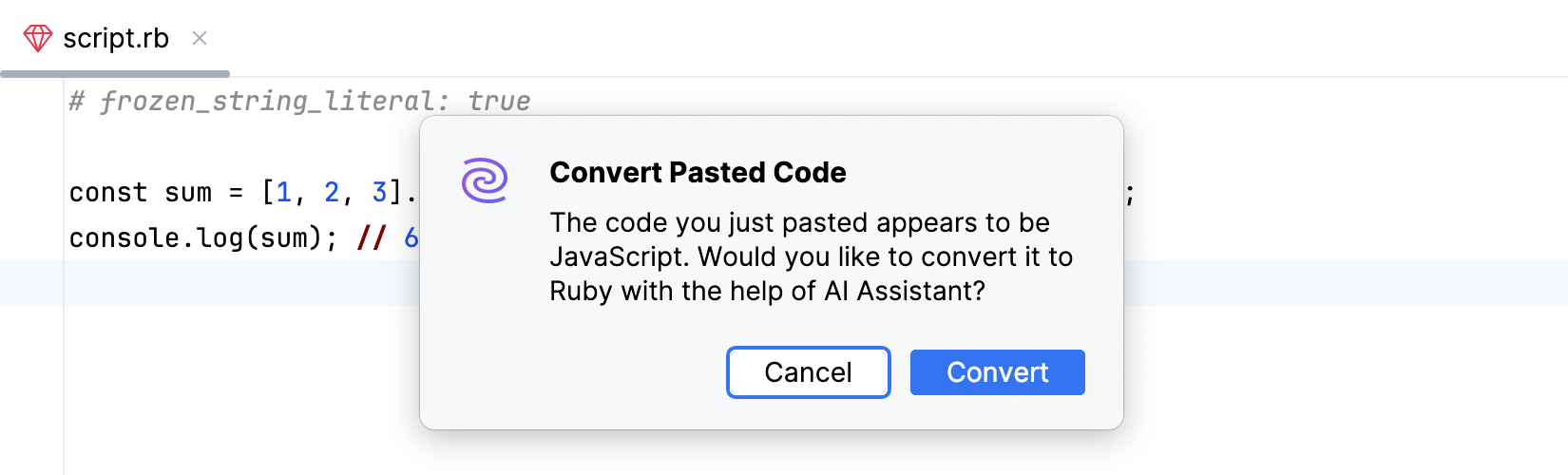 Convert Pasted Code dialog Convert Pasted Code dialog