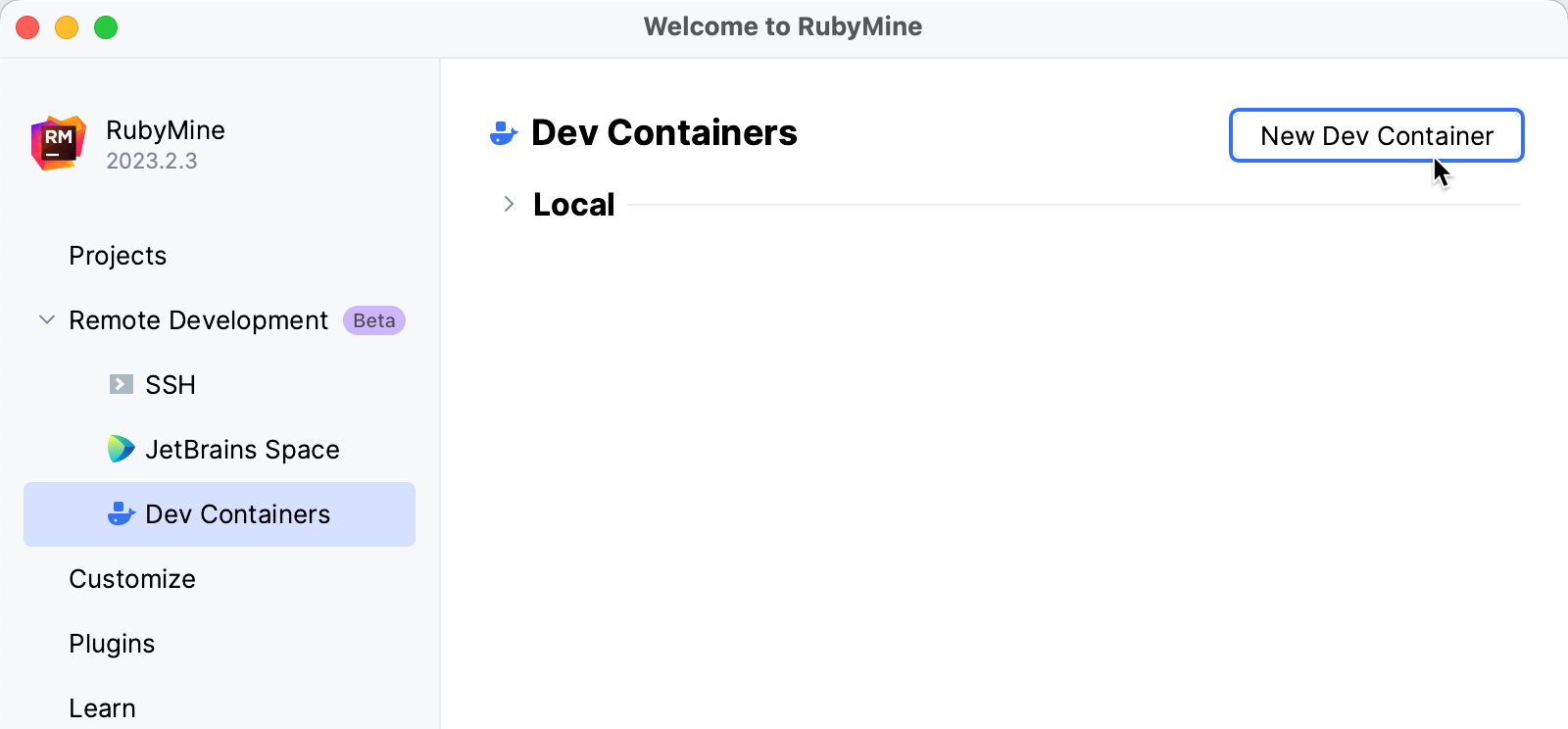 New dev container from RubyMine welcome screen New dev container from RubyMine welcome screen