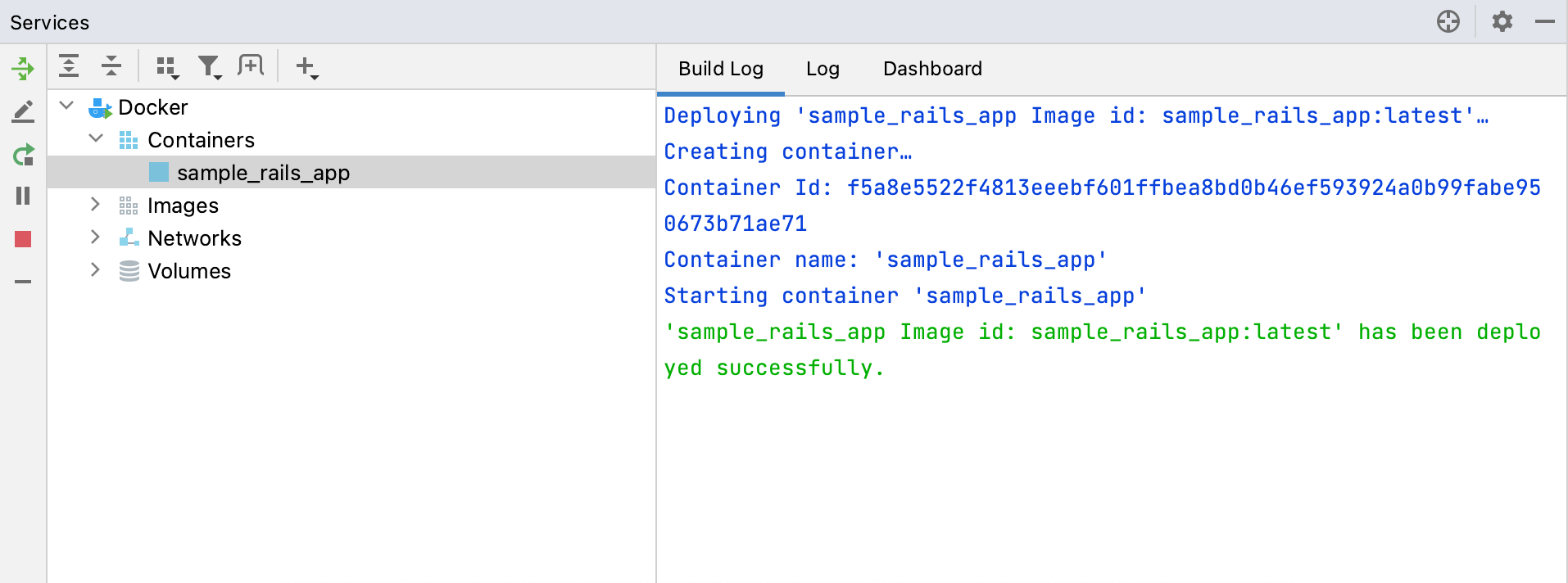 The Build Log tab of a container selected in the Services tool window The Build Log tab of a container selected in the Services tool window