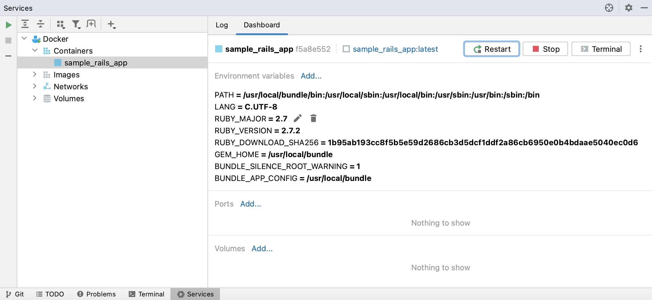 The Dashboard tab of a container selected in the Services tool window The Dashboard tab of a container selected in the Services tool window