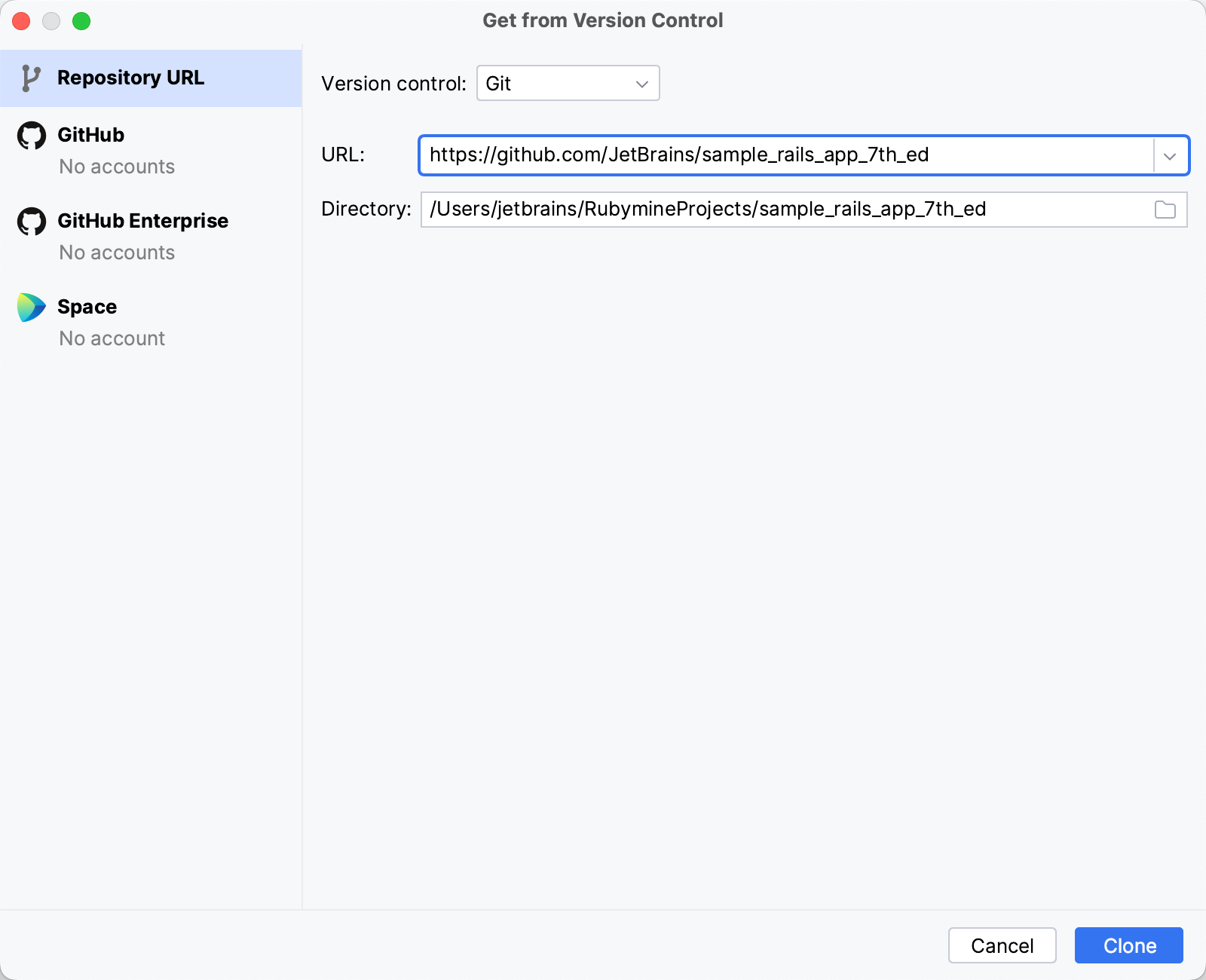 Get from Version Control dialog Get from Version Control dialog
