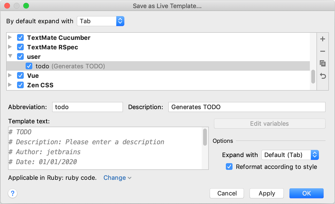 Save as live template Save as live template