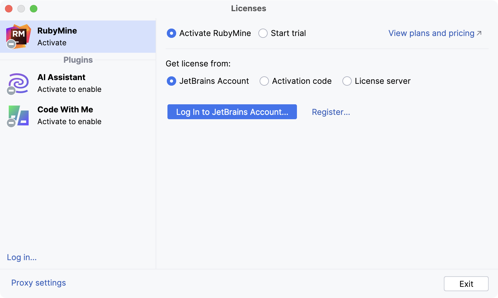 RubyMine: Licenses dialog RubyMine: Licenses dialog