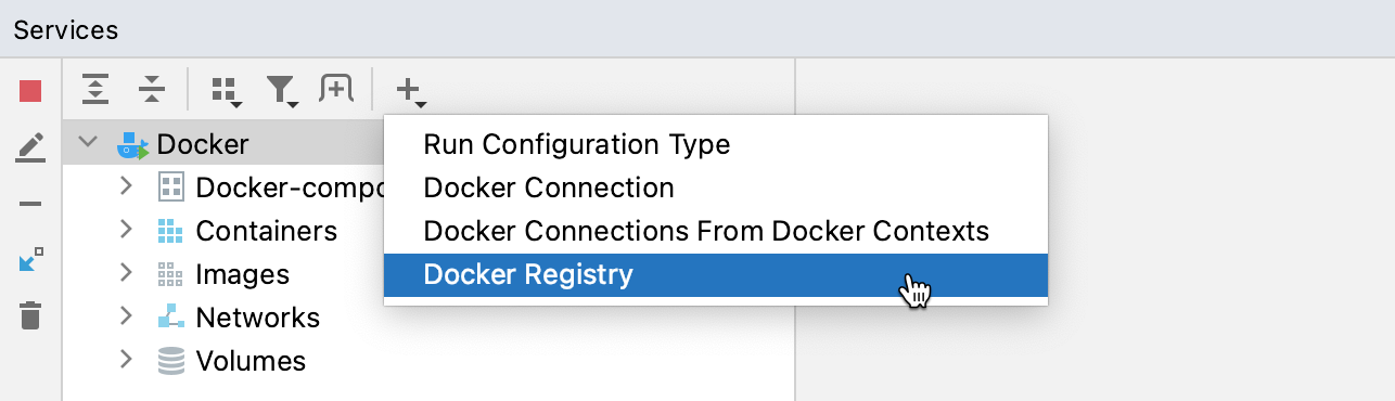 Services tool window - Add Docker Registry Services tool window - Add Docker Registry