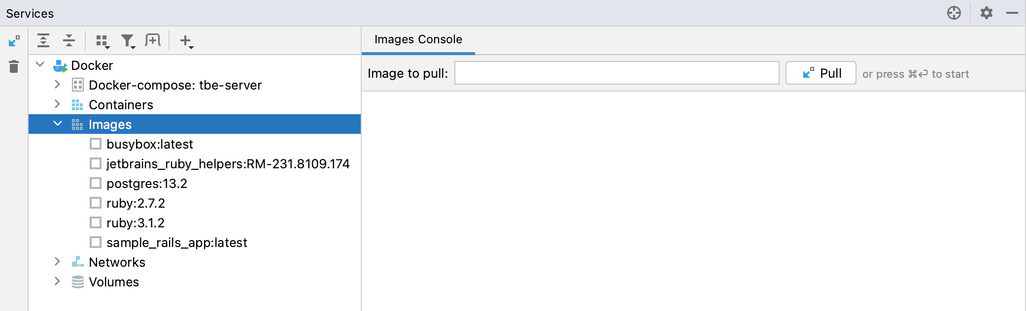 Service tool window - Docker - Images Service tool window - Docker - Images