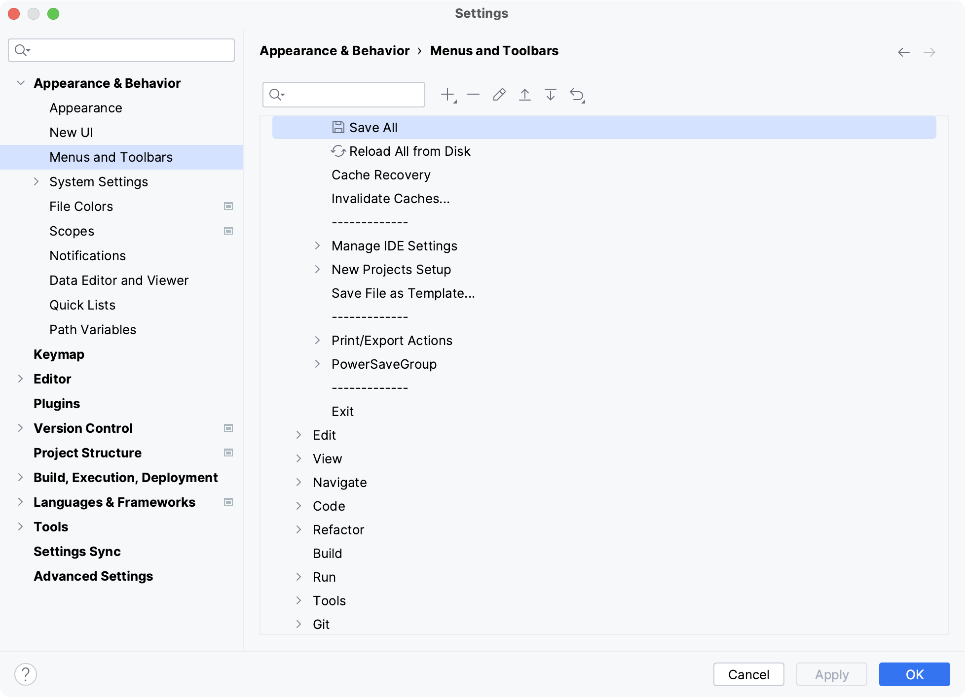 the Menus and Toolbars settings the Menus and Toolbars settings