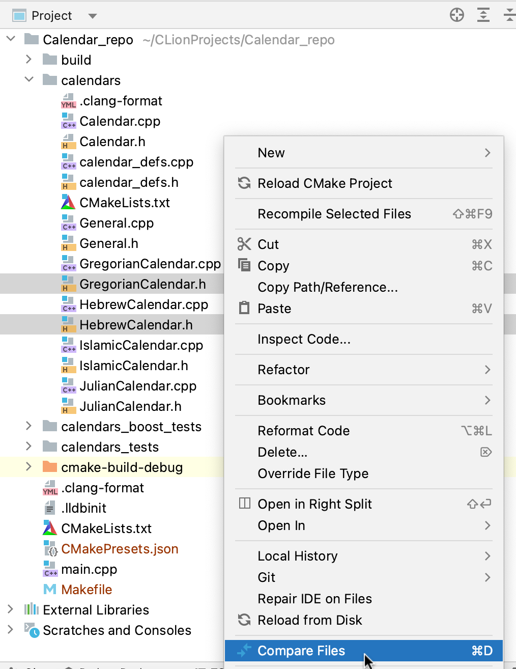 Compare files from the Project view Compare files from the Project view