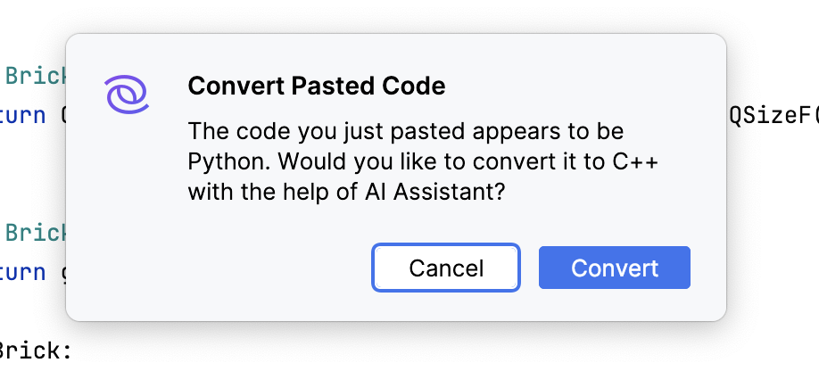 Convert Pasted Code dialog Convert Pasted Code dialog