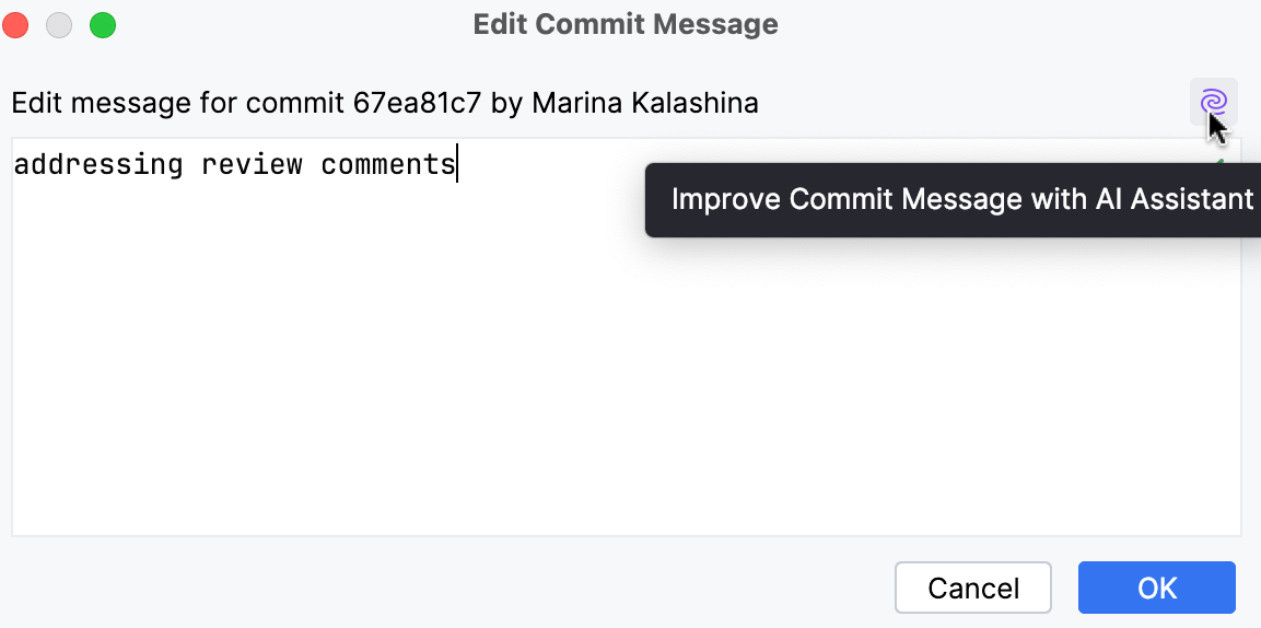 Dialog with an old commit message and the AI Assistant icon Dialog with an old commit message and the AI Assistant icon
