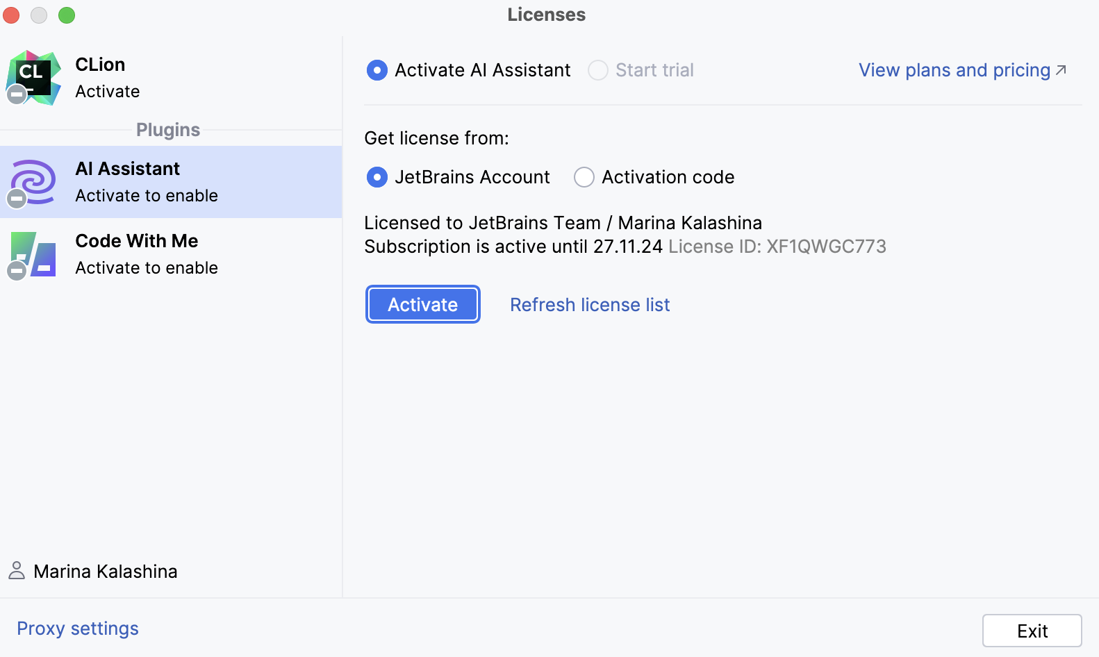 Licenses dialog with AI Assistant activation option Licenses dialog with AI Assistant activation option