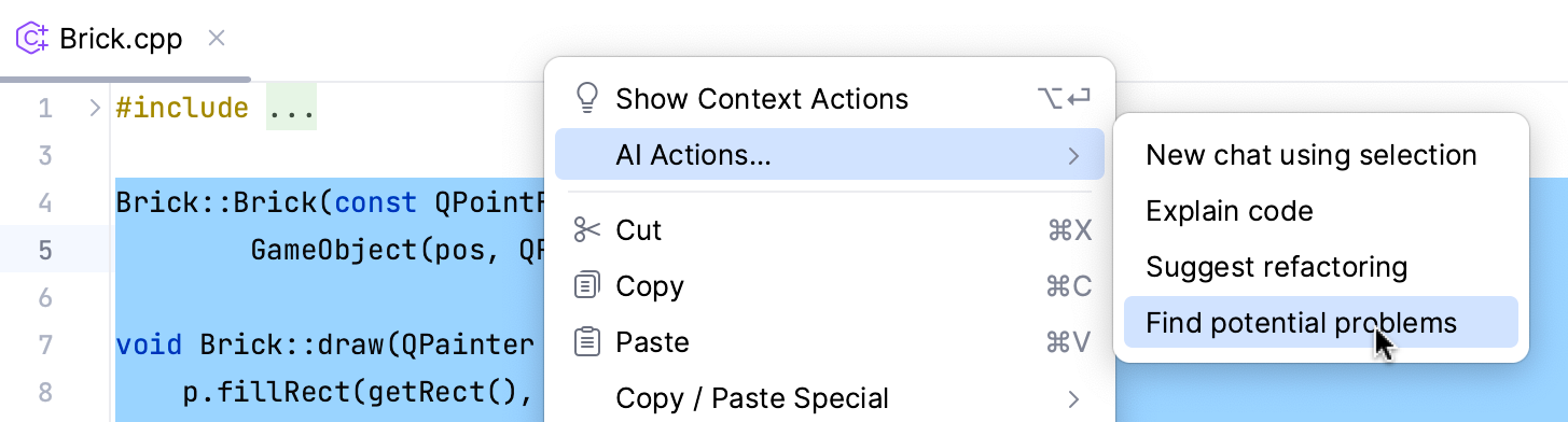 AI Actions menu - finds potential problems AI Actions menu - finds potential problems