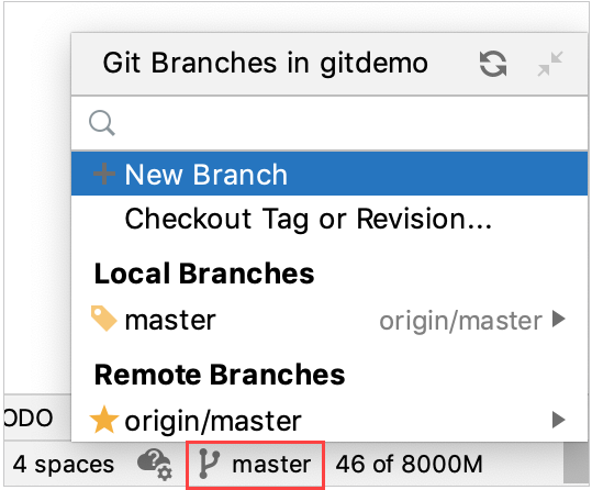 Git branch menu Git branch menu