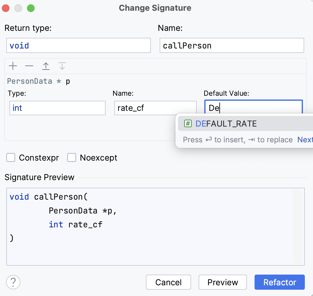 Change signature dialog Change signature dialog