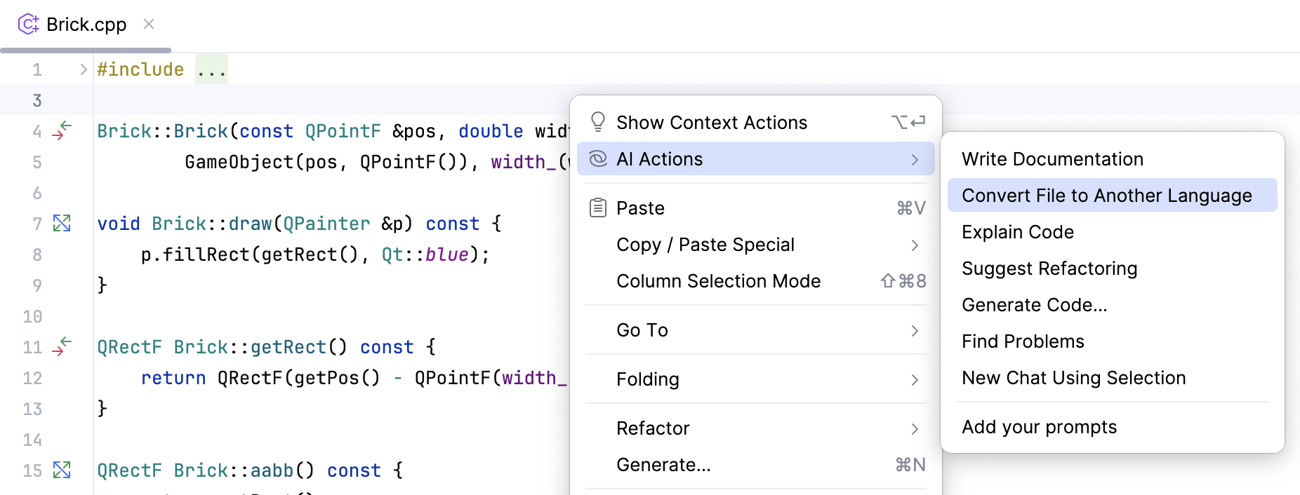 Convert File to Another Language action in context menu Convert File to Another Language action in context menu