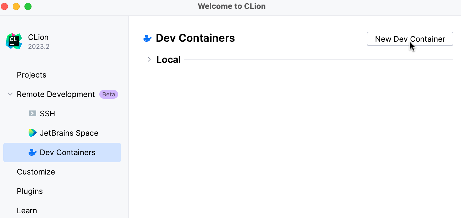 New dev container from CLion welcome screen New dev container from CLion welcome screen