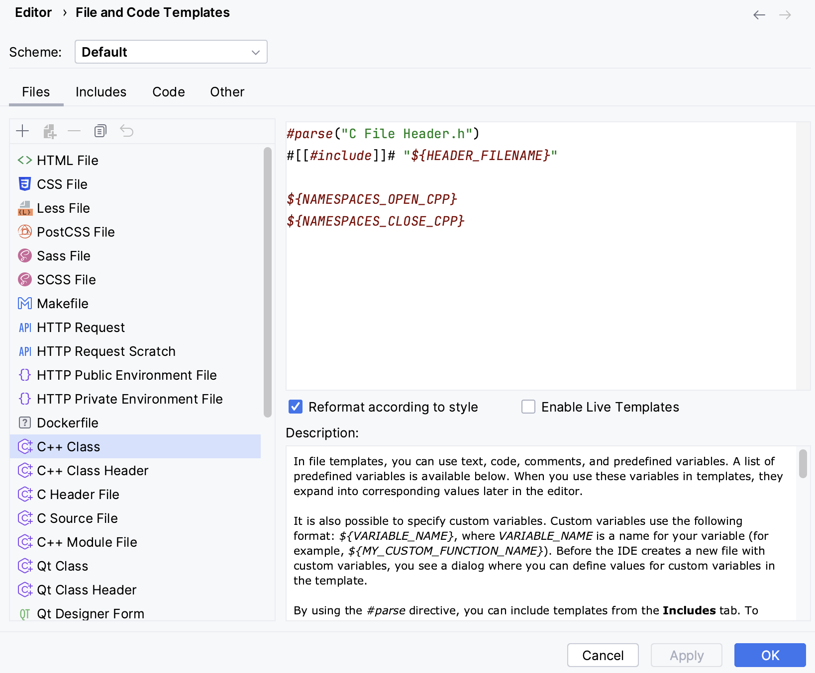 File templates settings File templates settings