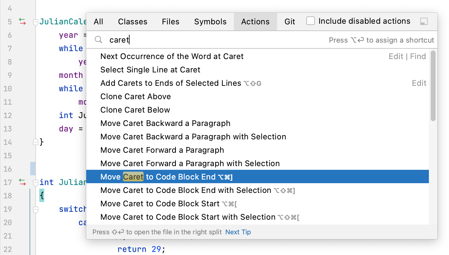 Find Action dialog Find Action dialog