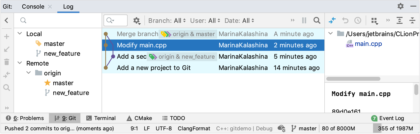 The Git Log tab The Git Log tab