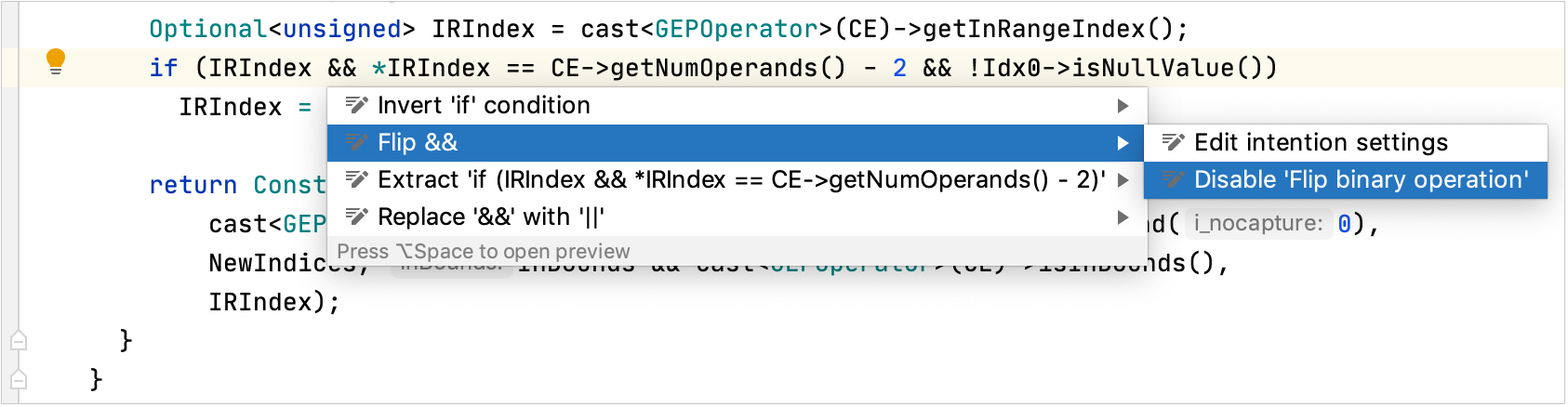 Disable an intention action Disable an intention action