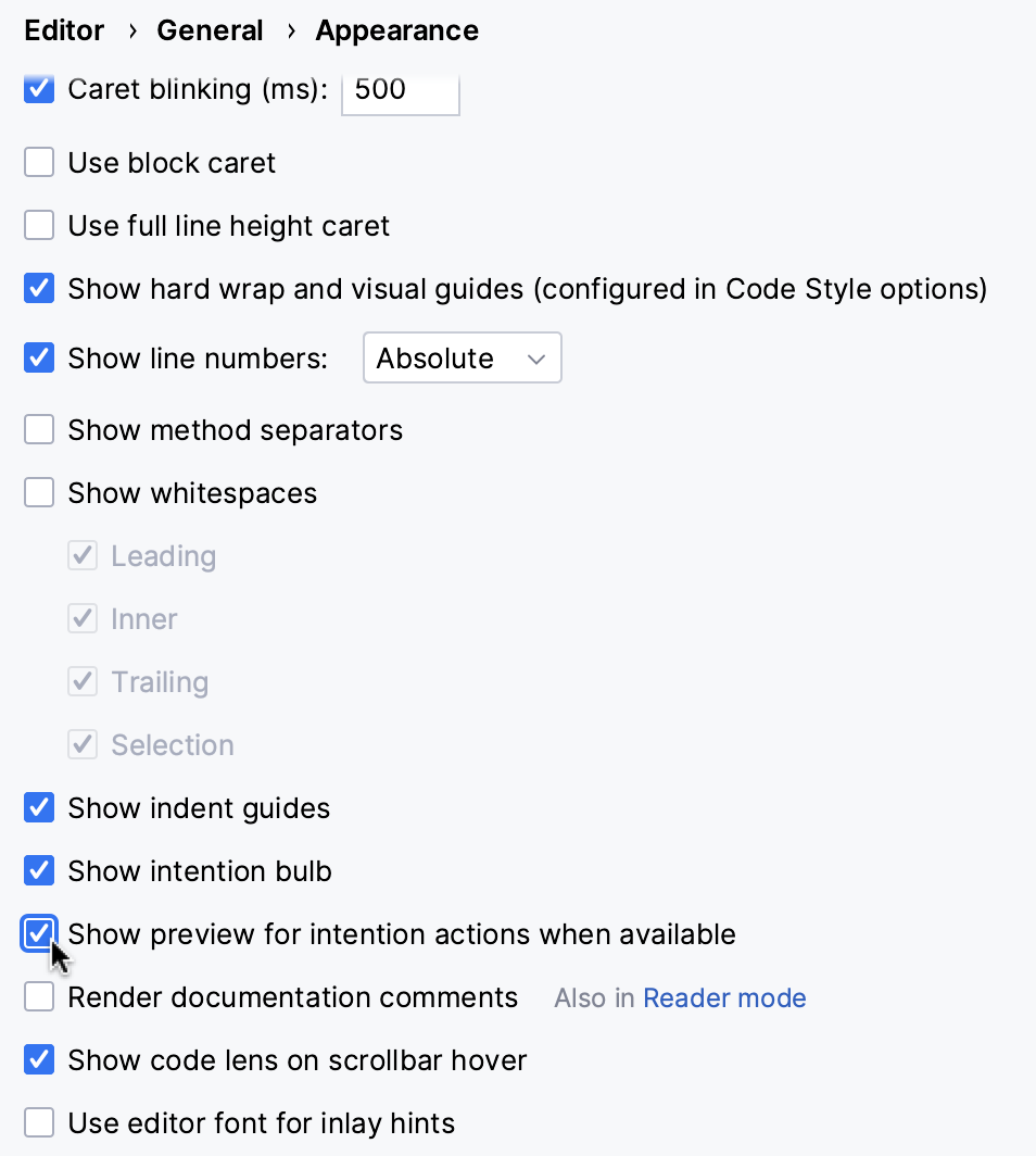 The Show intentions preview option The Show intentions preview option