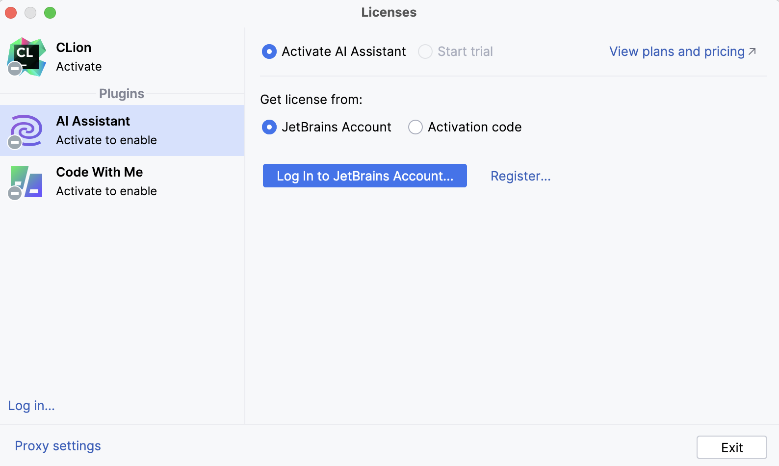 Licenses dialog with an option to log in to JetBrains account Licenses dialog with an option to log in to JetBrains account