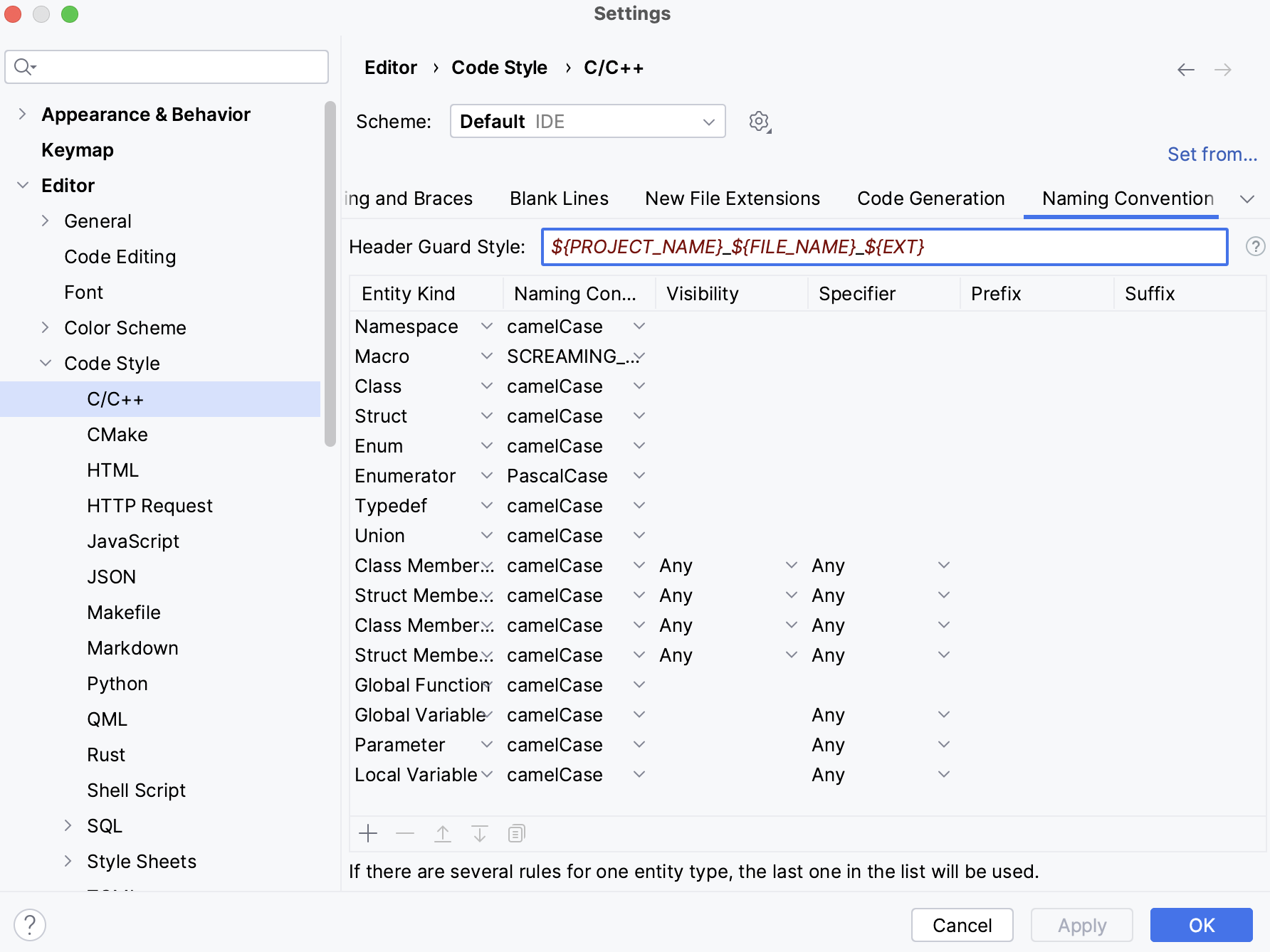 Naming convention settings Naming convention settings