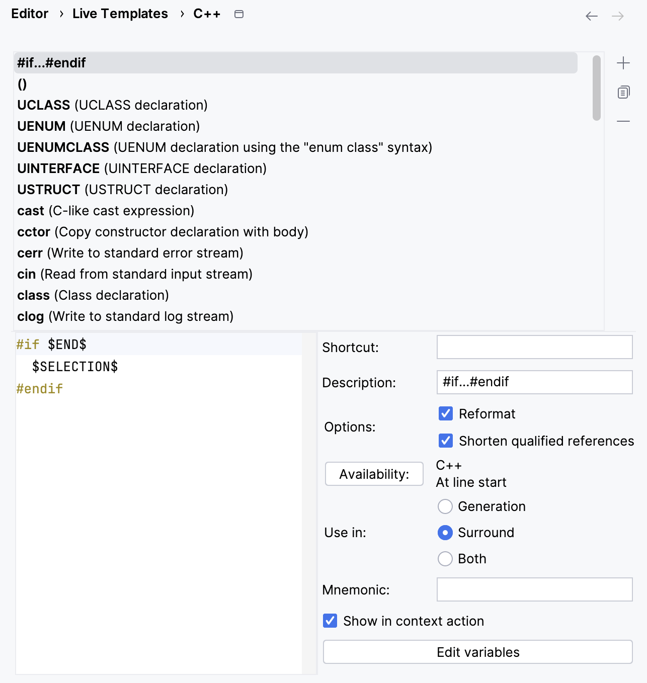Live templates for C++ Live templates for C++