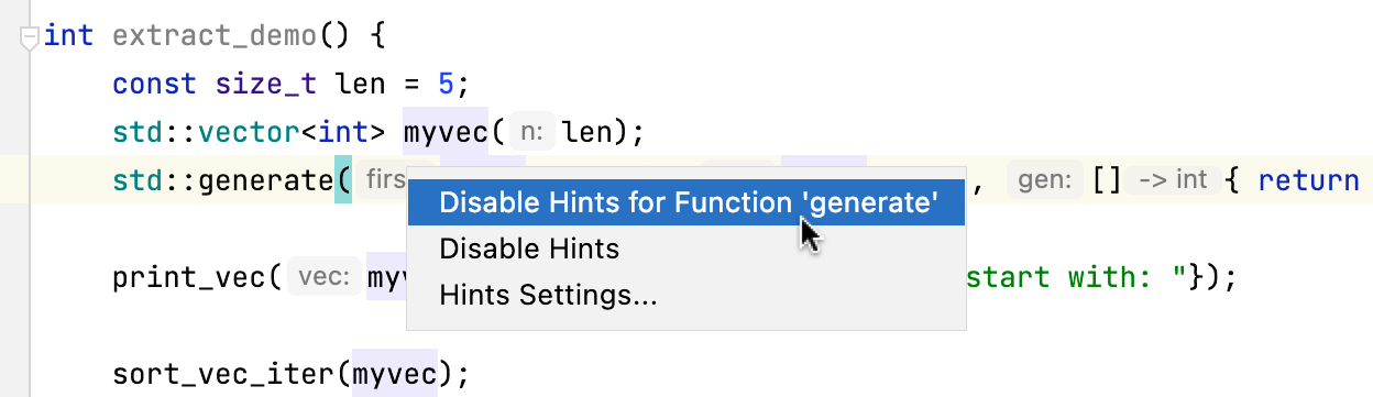 Hints context menu Hints context menu