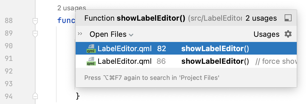 QML symbols usage popup QML symbols usage popup