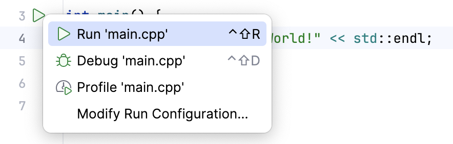 Run/debug a file using the gutter menu Run/debug a file using the gutter menu