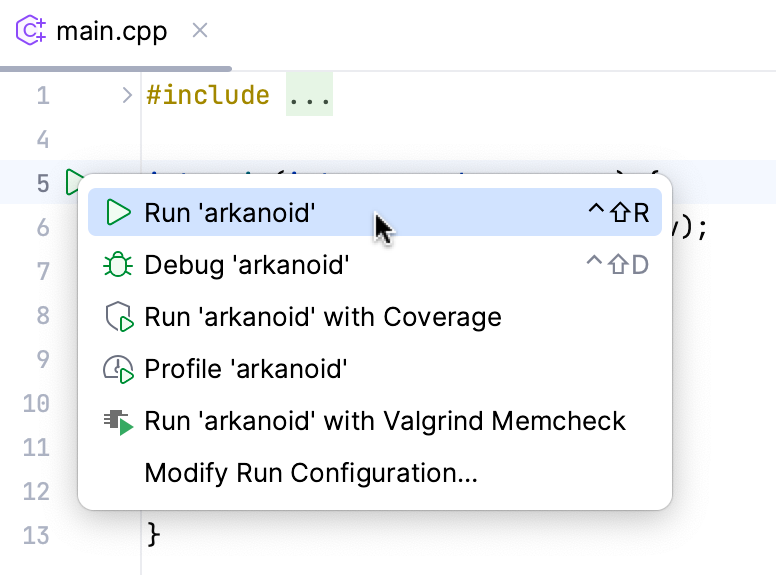 Run using the gutter icon Run using the gutter icon