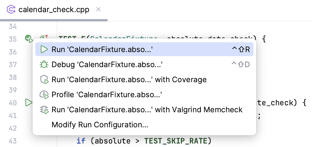 Running a test using the gutter icon Running a test using the gutter icon
