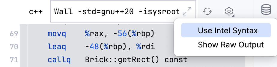 the Use Intel Syntax and Show Raw Output options the Use Intel Syntax and Show Raw Output options