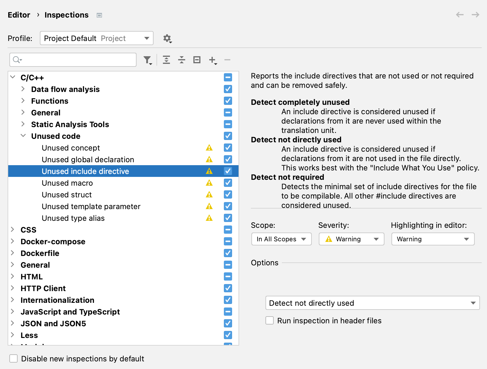 Unused Includes settings Unused Includes settings
