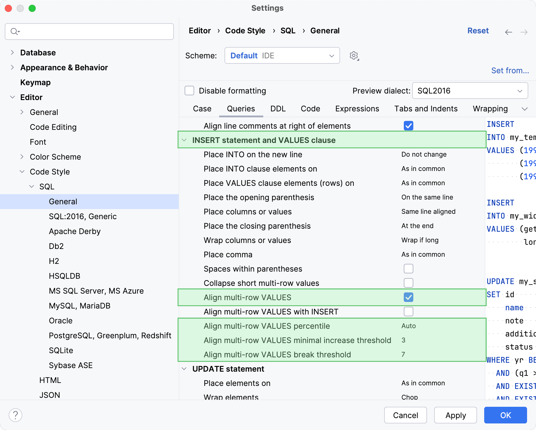 Aligned code style for multi-row INSERTS is disabled Aligned code style for multi-row INSERTS is disabled