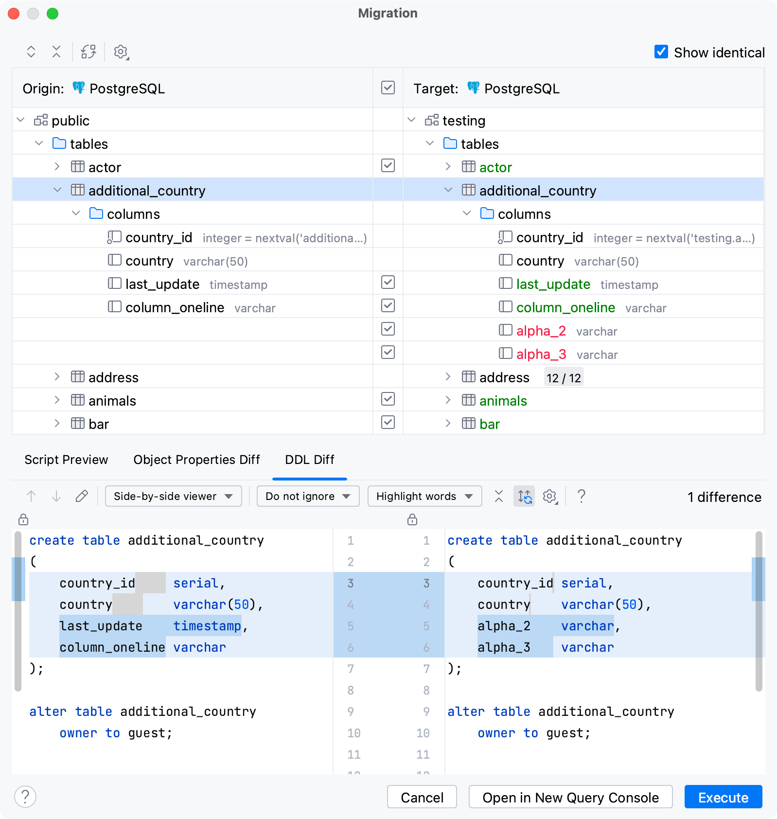 Compare the structure in Migration dialog