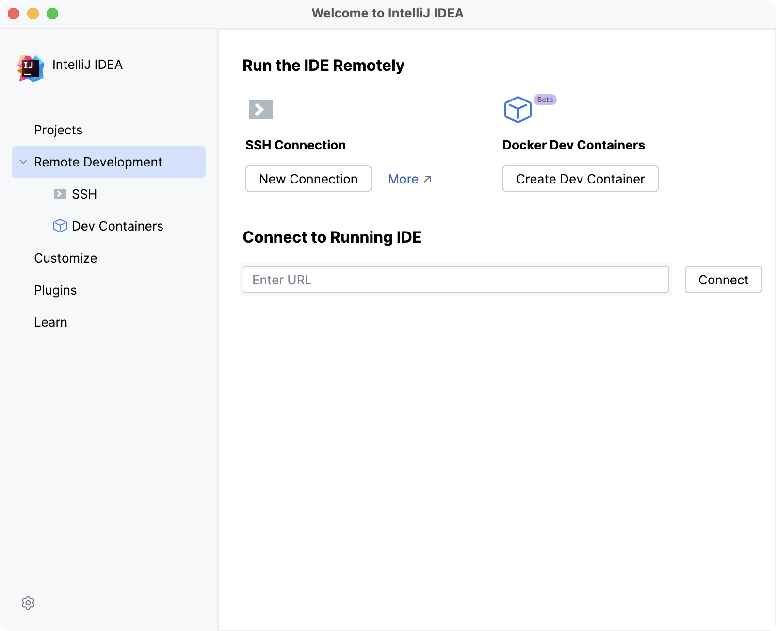 Configuring remote development settings on Welcome screen