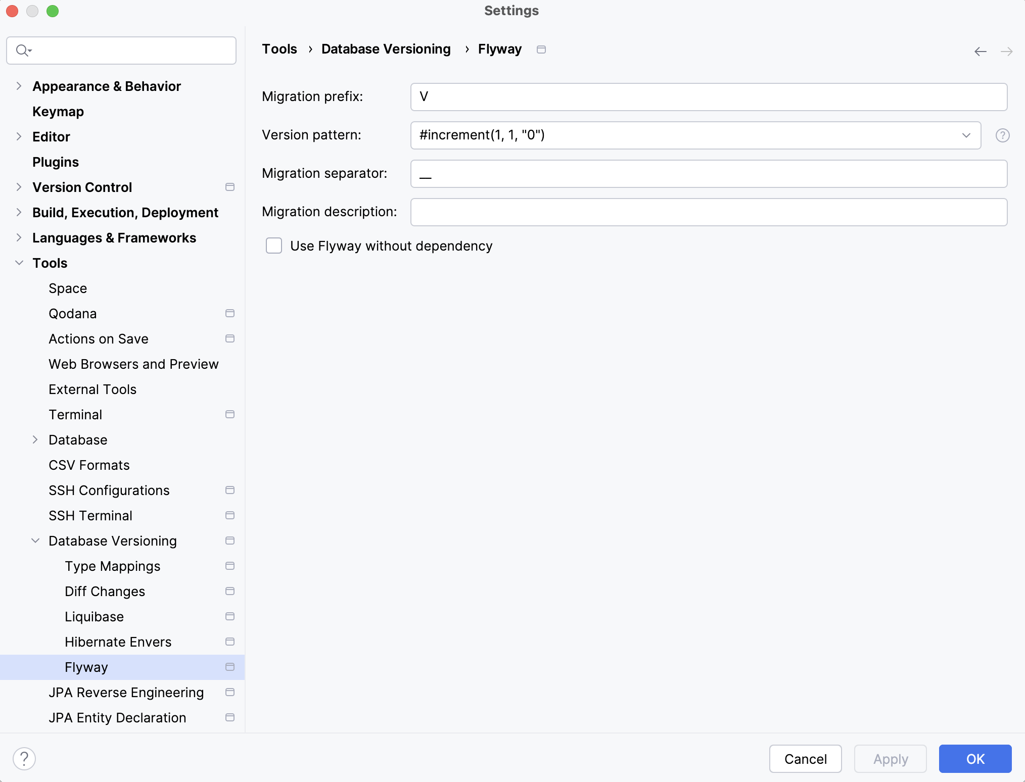 Flyway Settings window