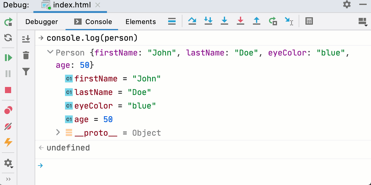 JavaScript interactive debugger console shows an object in a tree view