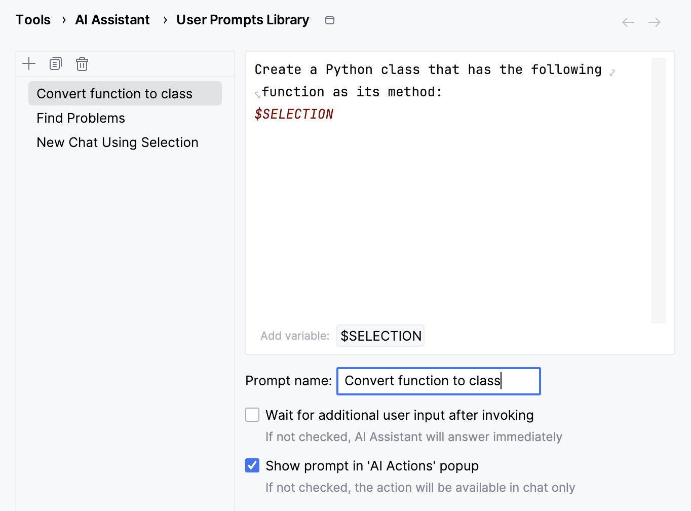 PyCharm: Custom prompt parameters PyCharm: Custom prompt parameters