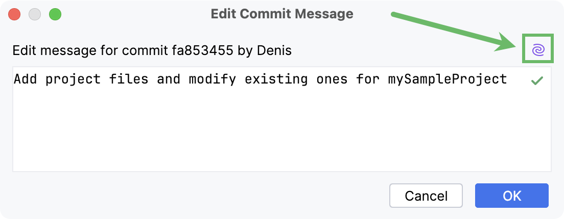 Dialog with an old commit message and the AI Assistant icon Dialog with an old commit message and the AI Assistant icon