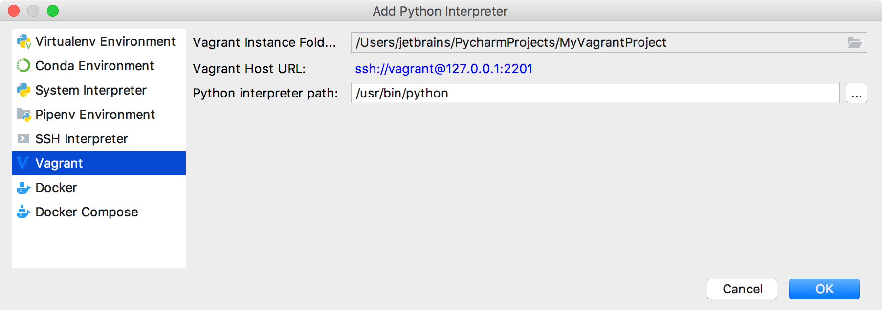Add an interpreter: Vagrant Add an interpreter: Vagrant