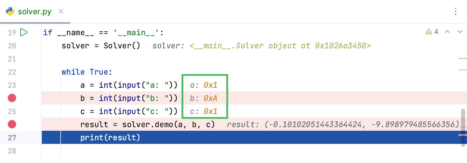 Hexadecimal representation of the debugged variables Hexadecimal representation of the debugged variables