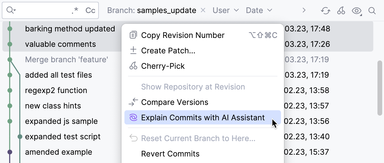 Explain Commit with AI Assistant option in VCS log Explain Commit with AI Assistant option in VCS log