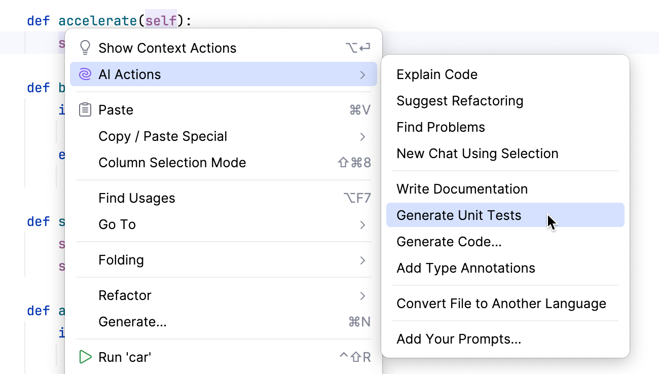 Generate Unit Tests action in context menu Generate Unit Tests action in context menu