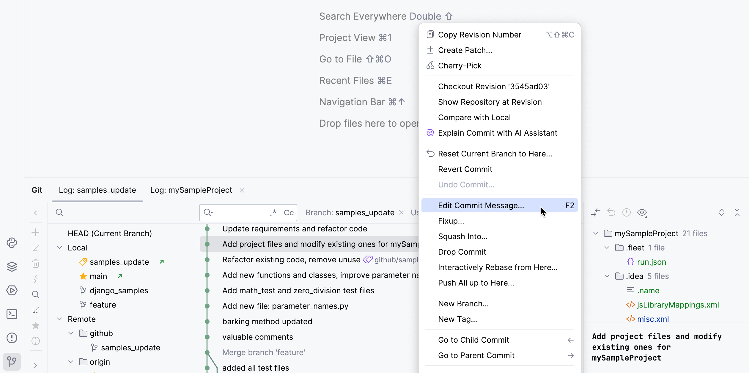 Context menu of the selected commit Context menu of the selected commit