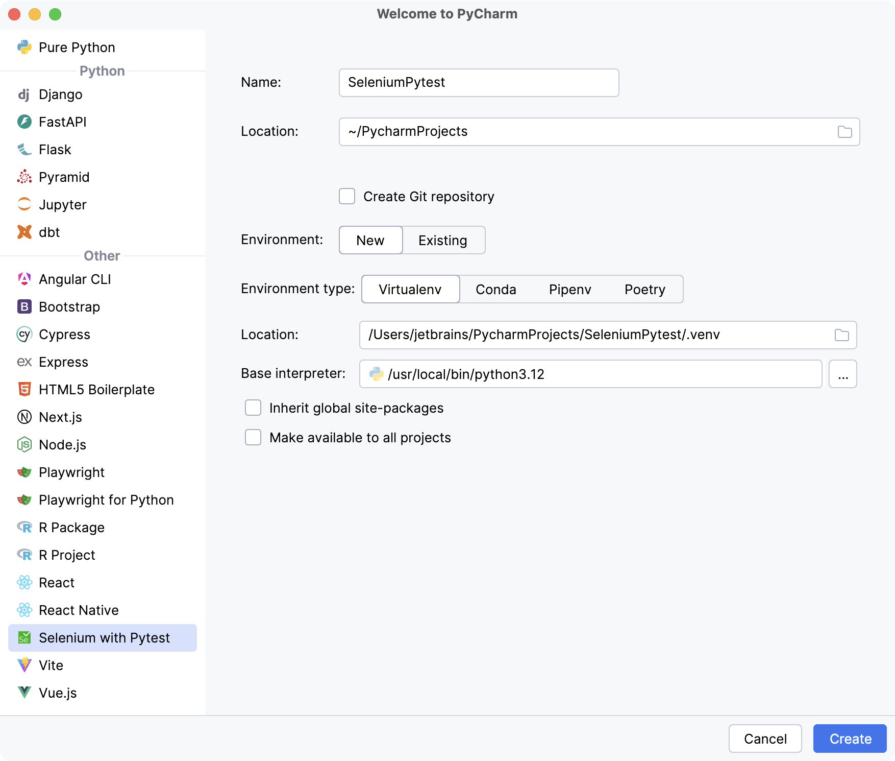 Creating a new Selenium with Pytest project