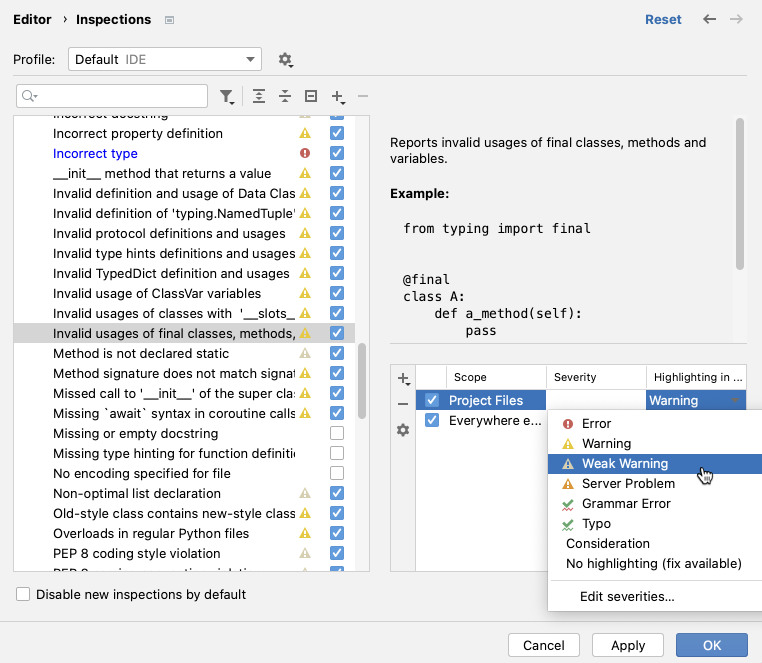 Changing inspection severity by scope Changing inspection severity by scope